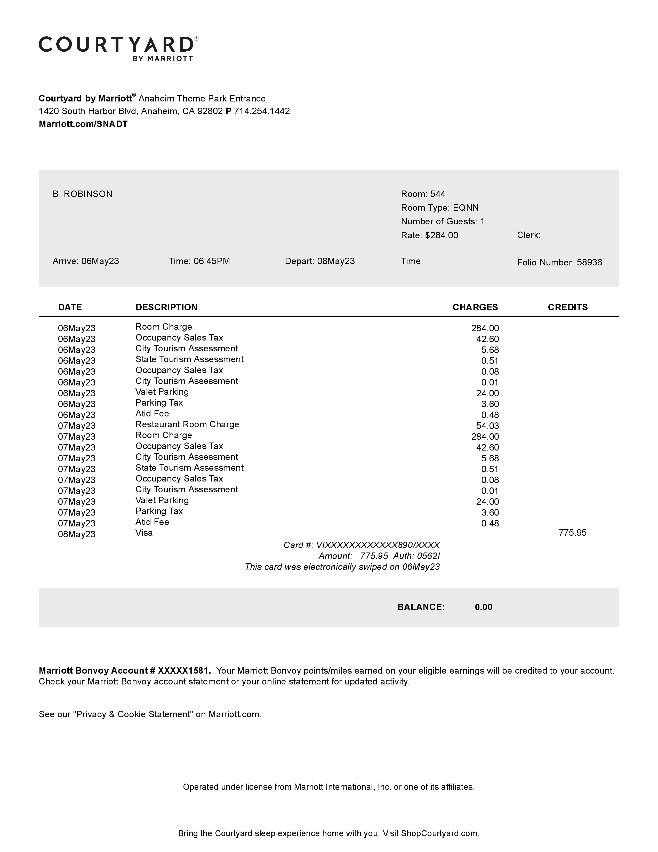 Marriott Guest Folio receipt template