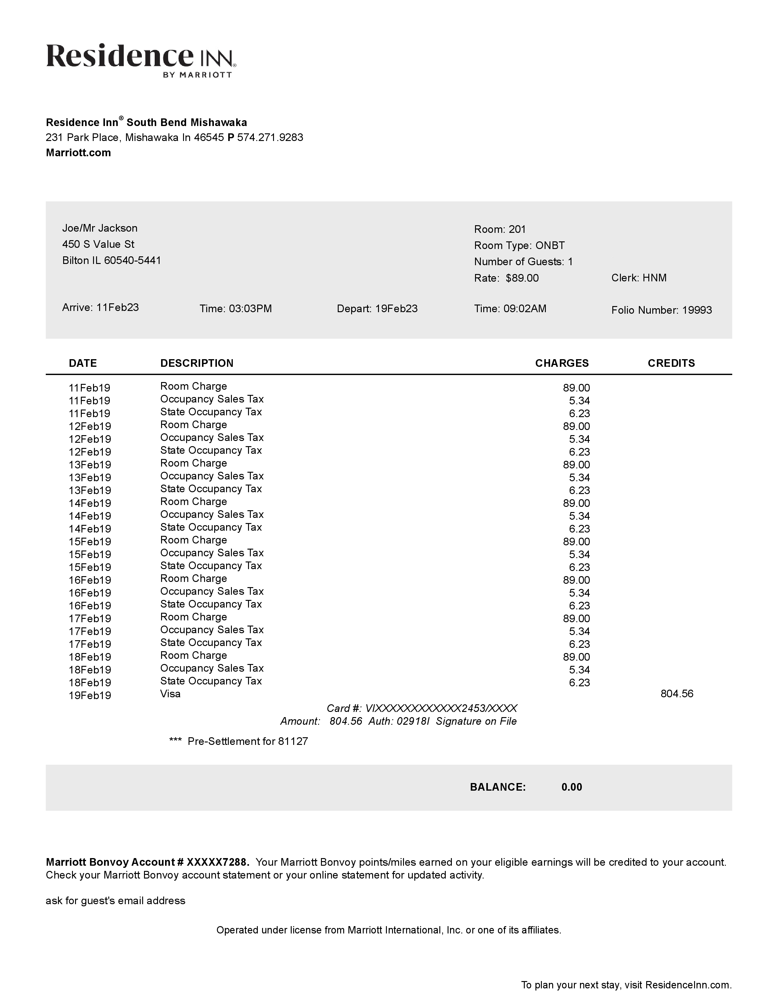 Residence Inn hotel receipt template