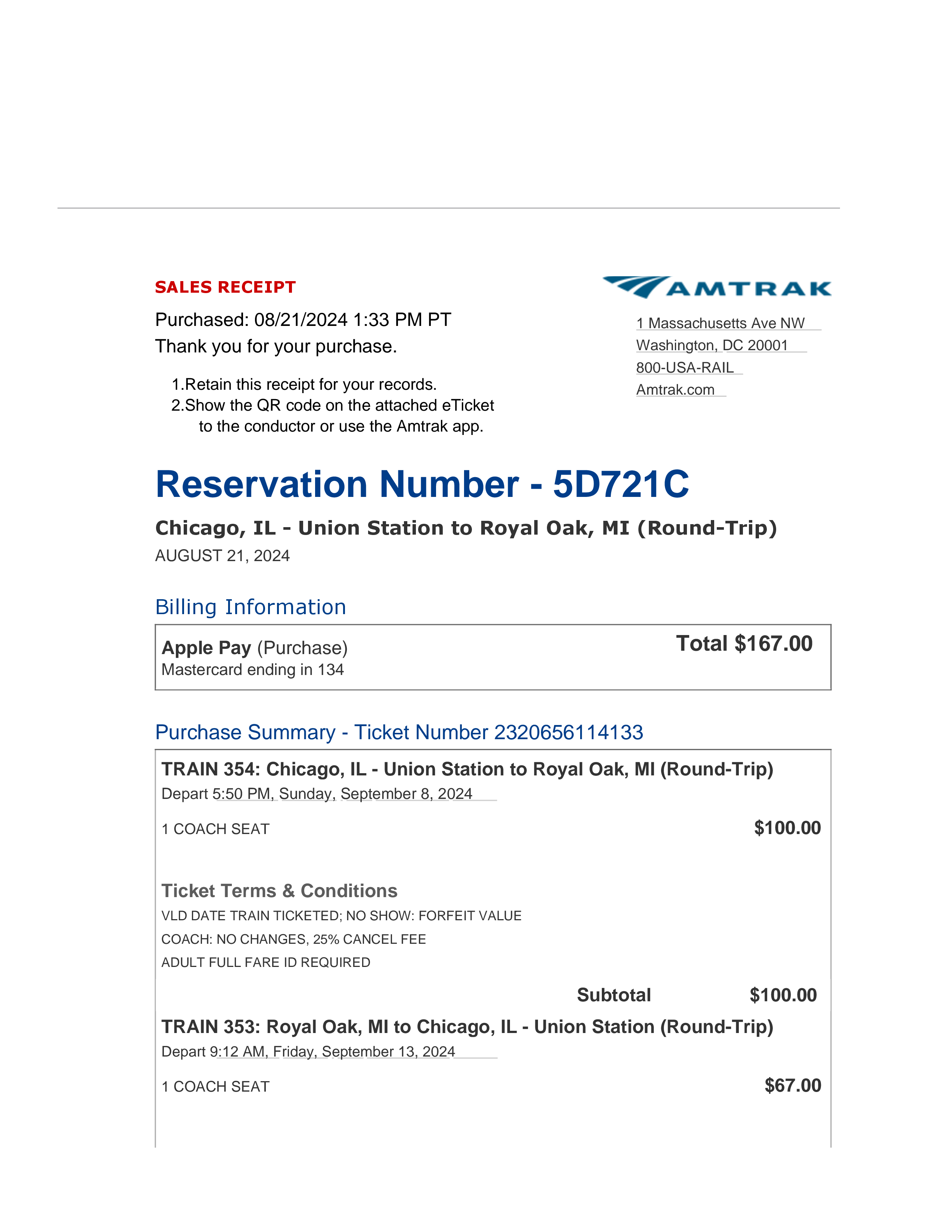 Amtrak receipt template email