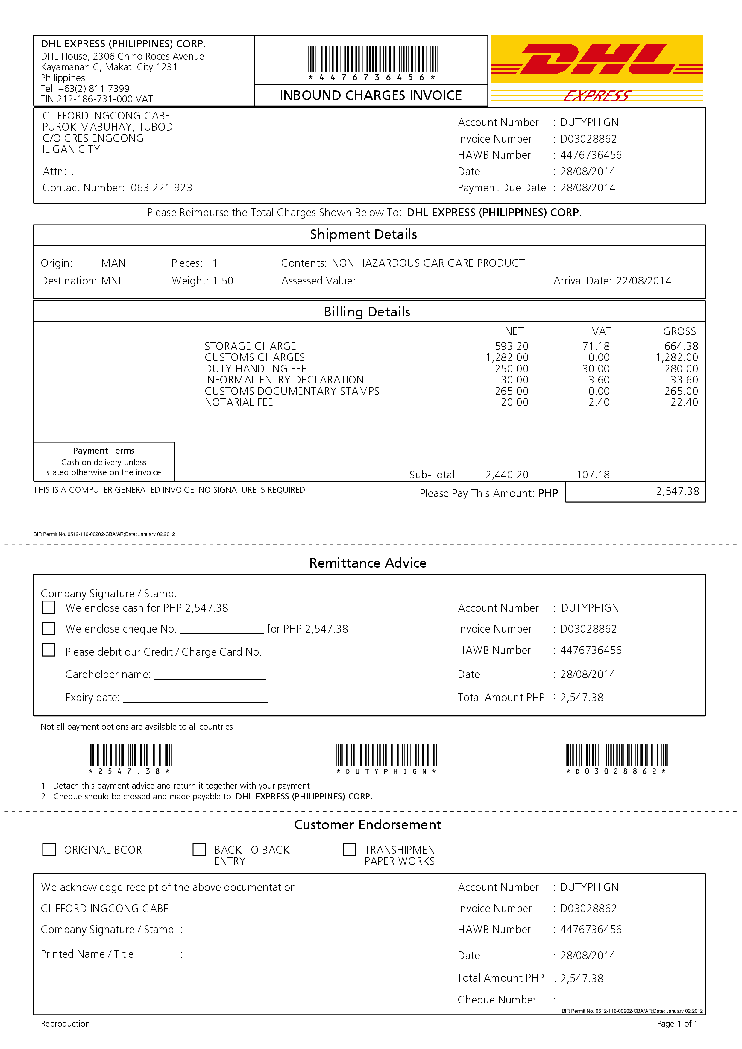 DHL shipping invoice template