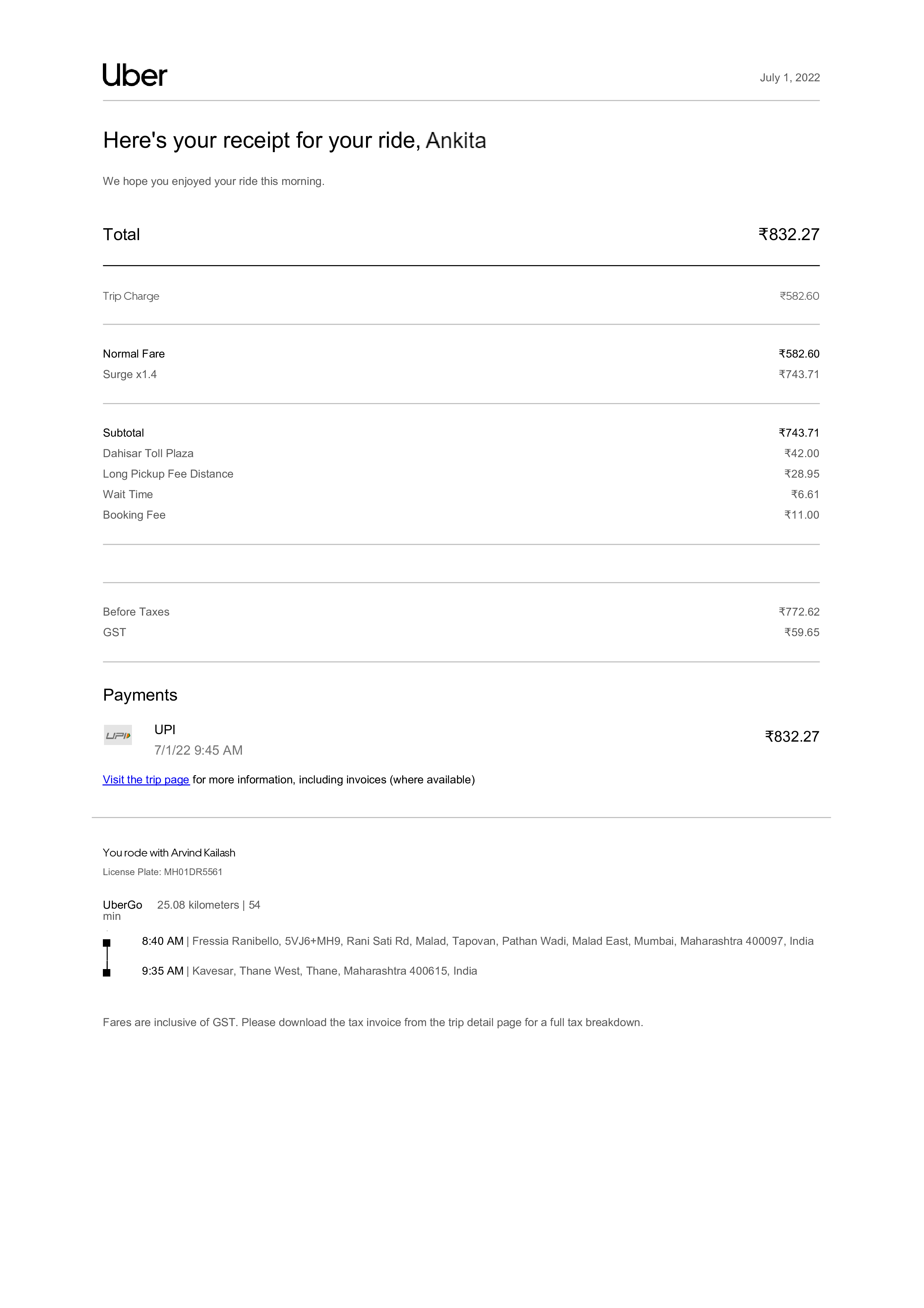 Uber receipt India