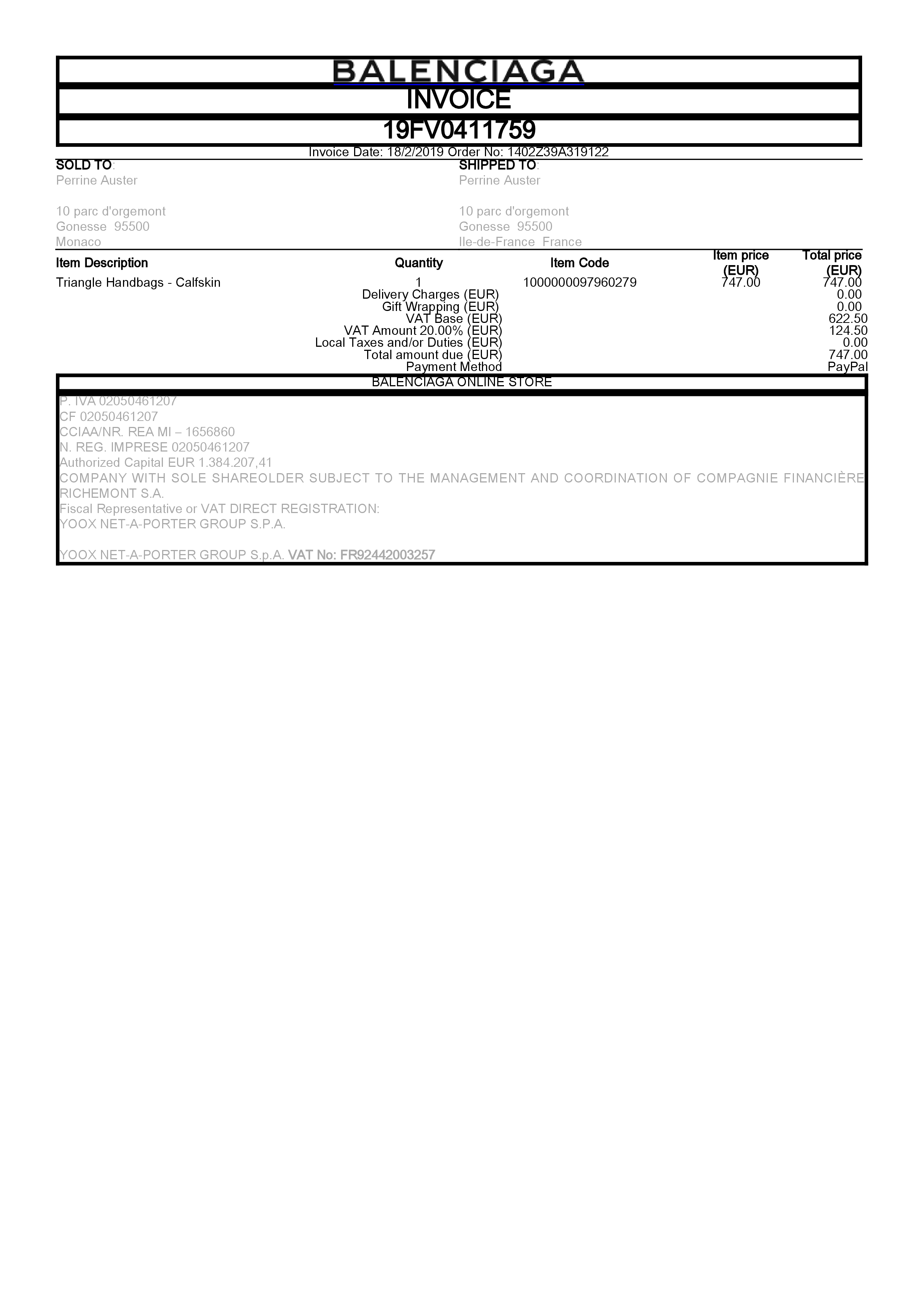 Balenciaga invoice template