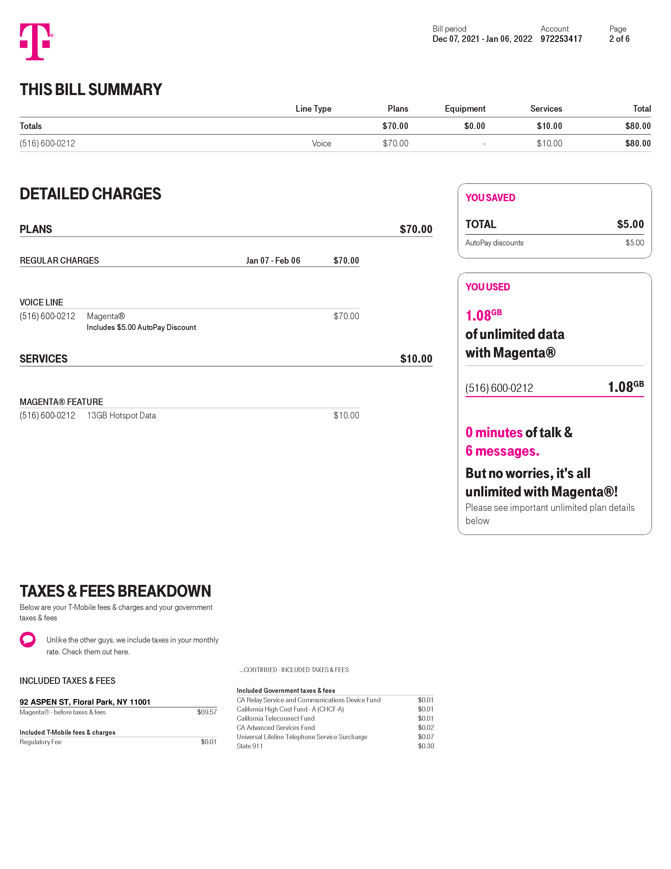 2022 T-mobile cell phone bill template