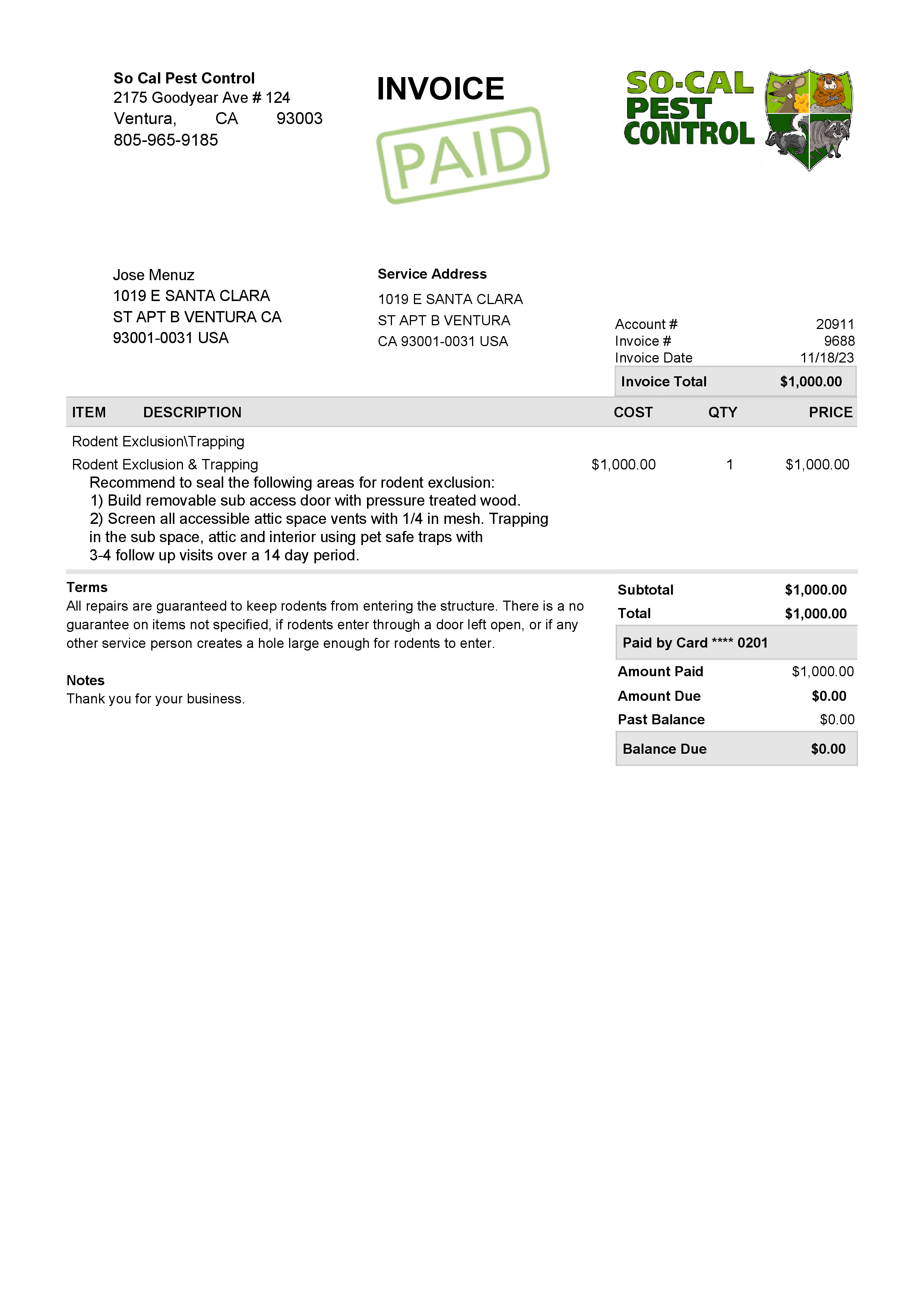 So Cal Pest control invoice template