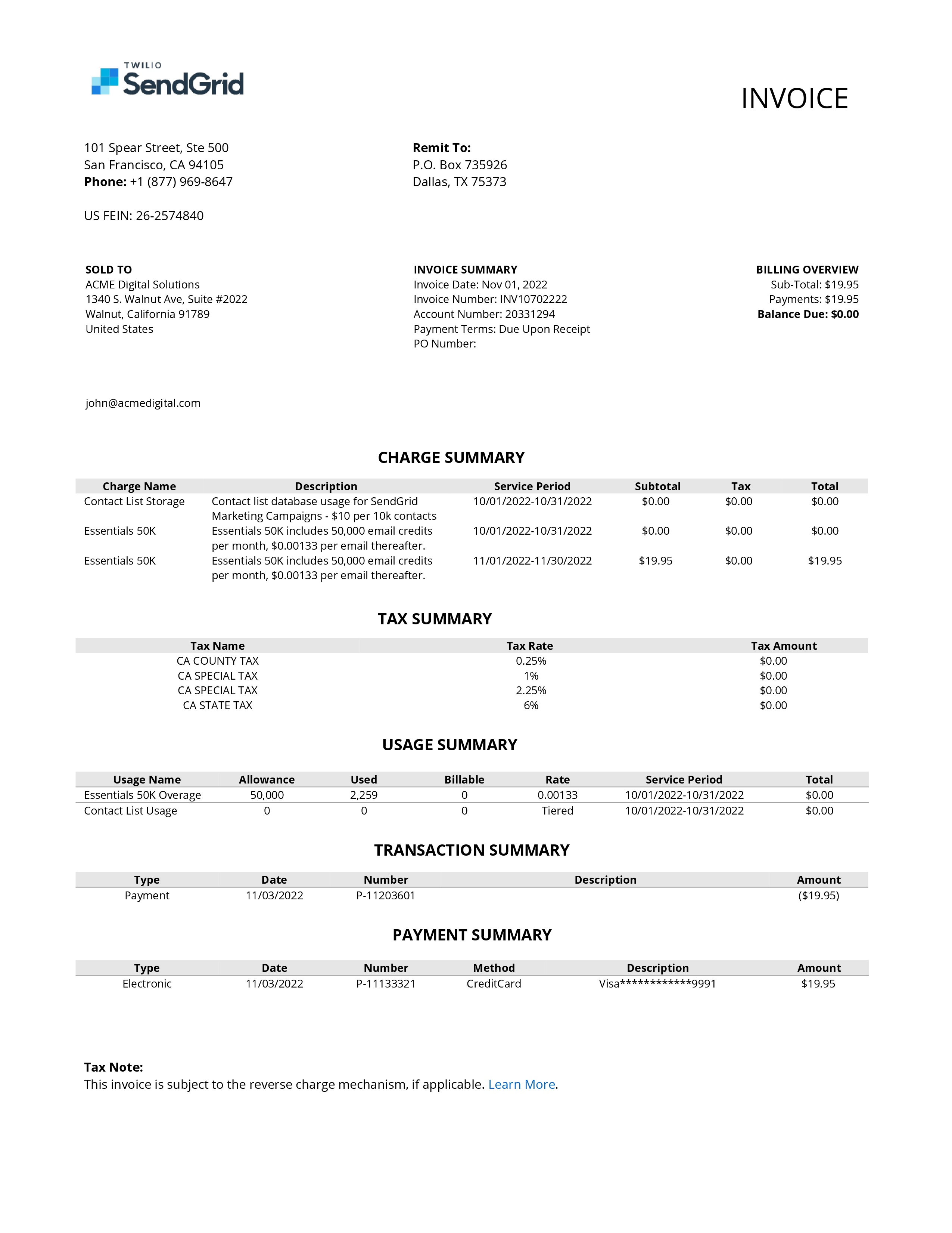 SendGrid invoice template