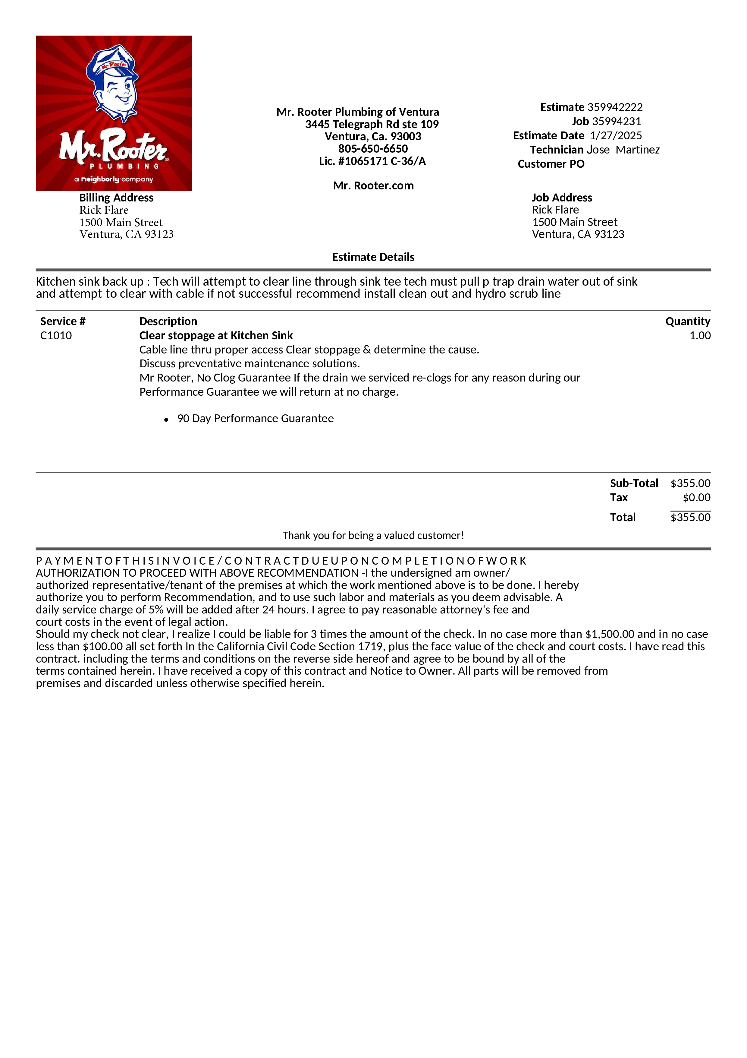Mr Rooter plumbing invoice template