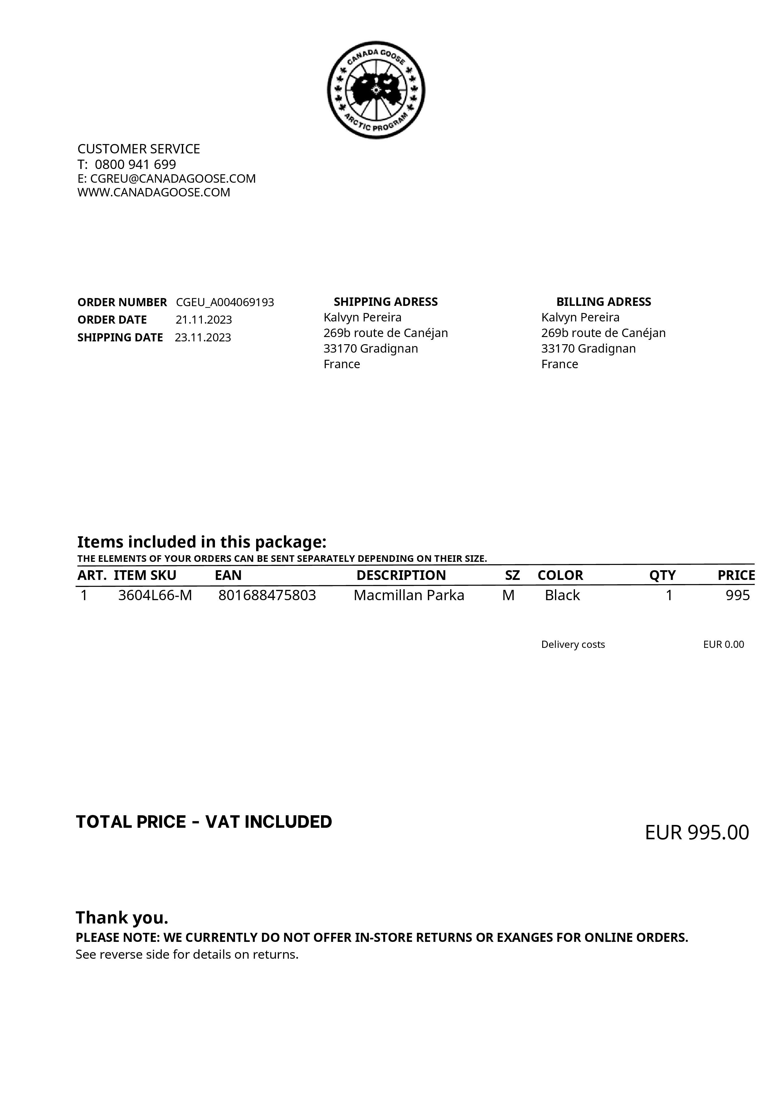 Canada Goose receipt template