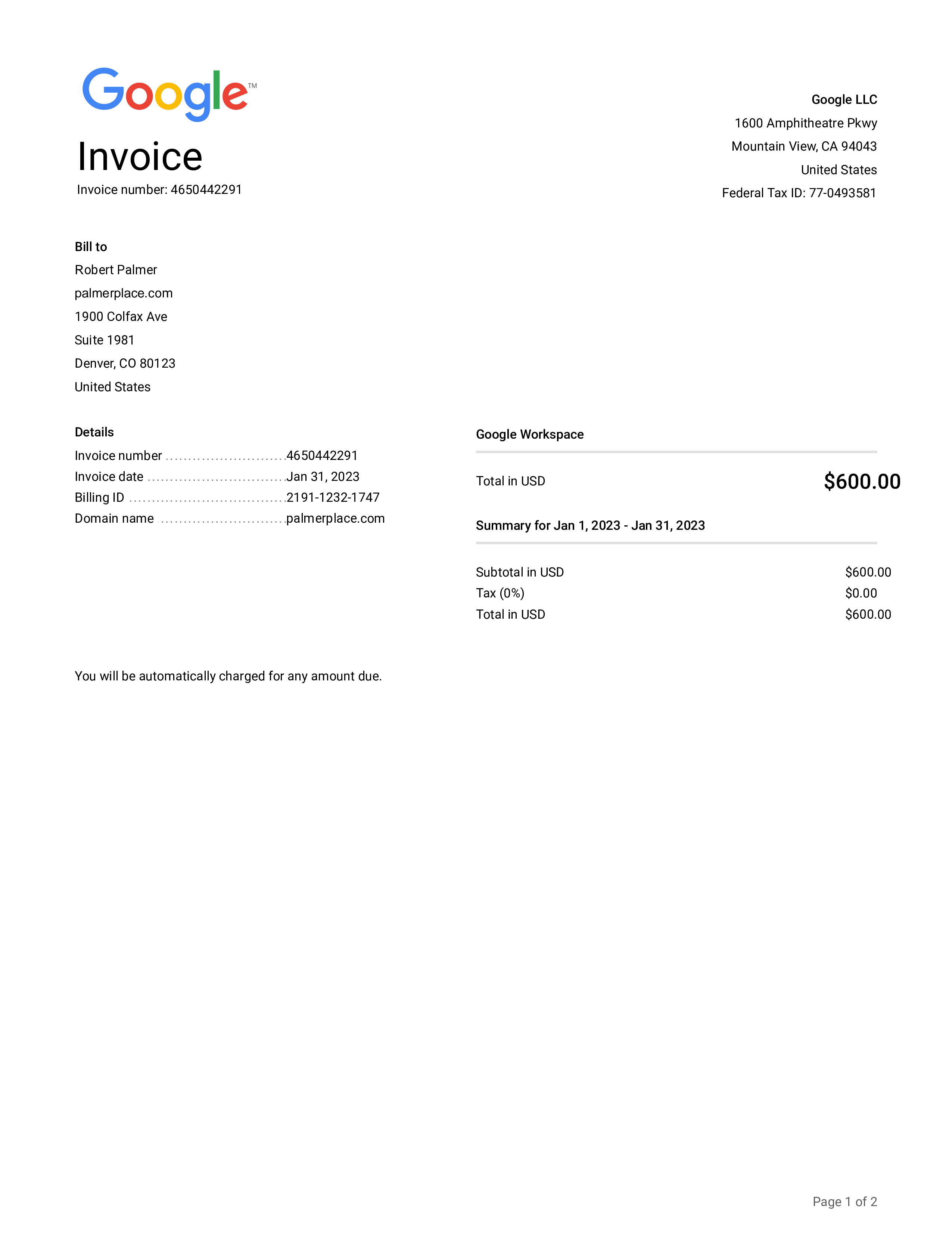 Google Cloud services invoice template