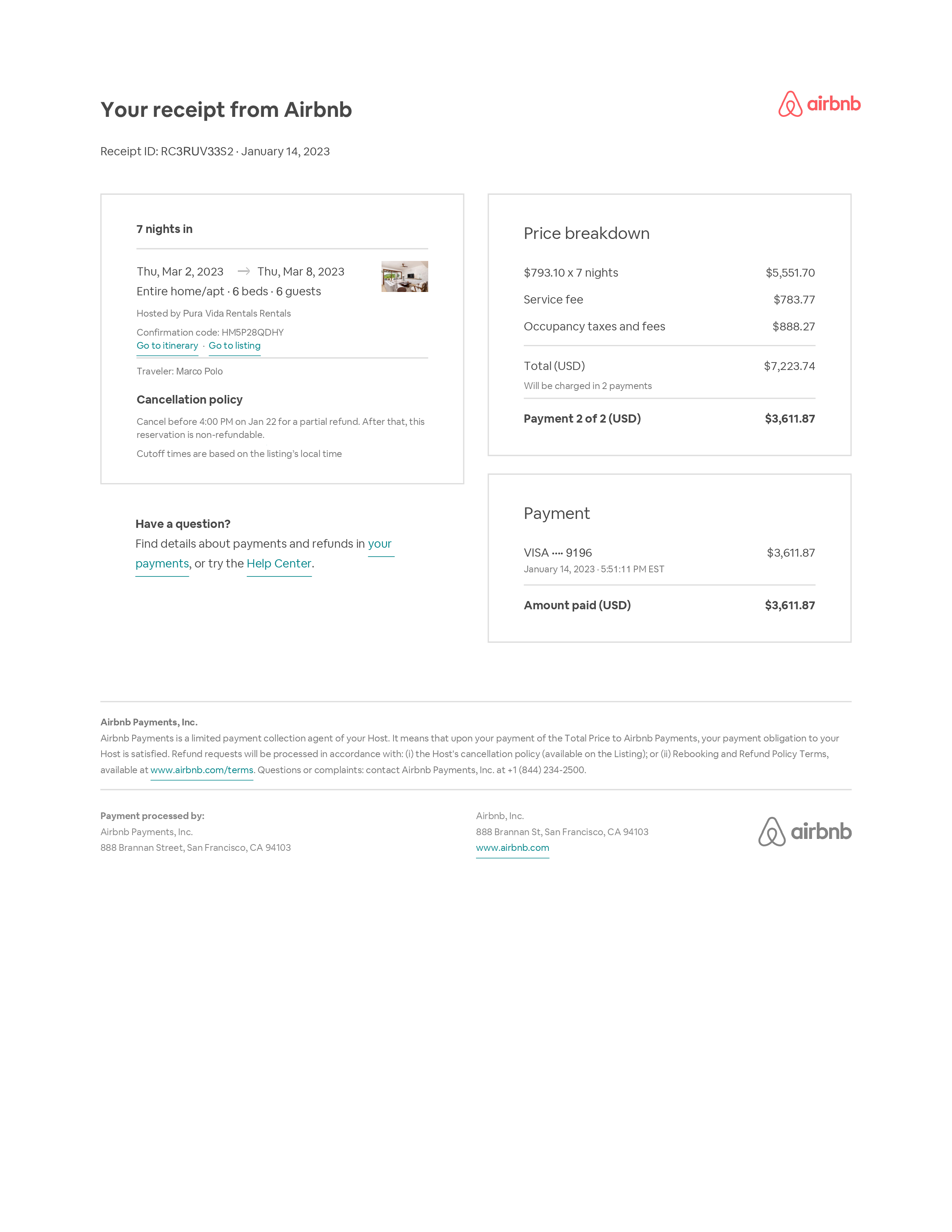 Airbnb Receipt template PDF