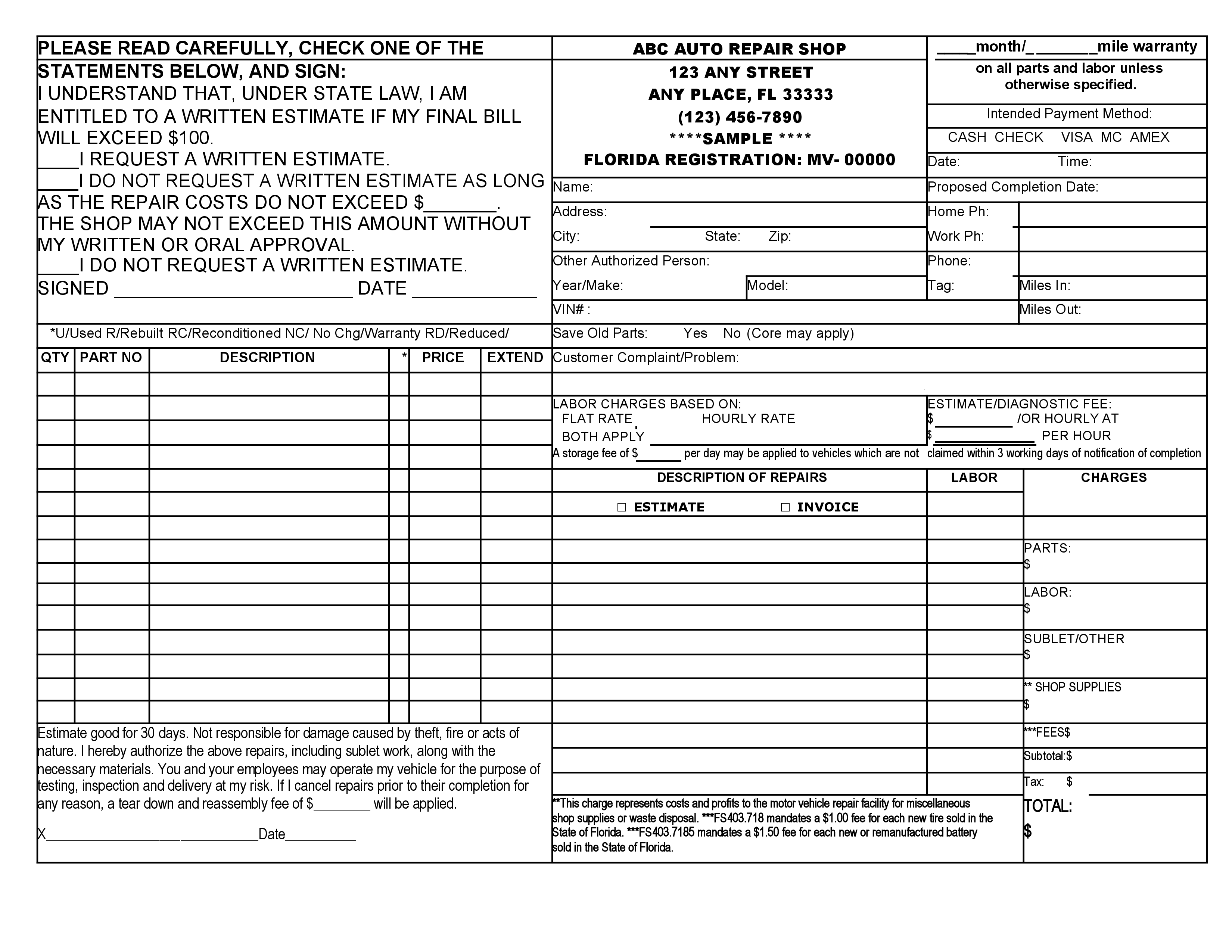 Auto repair invoice template