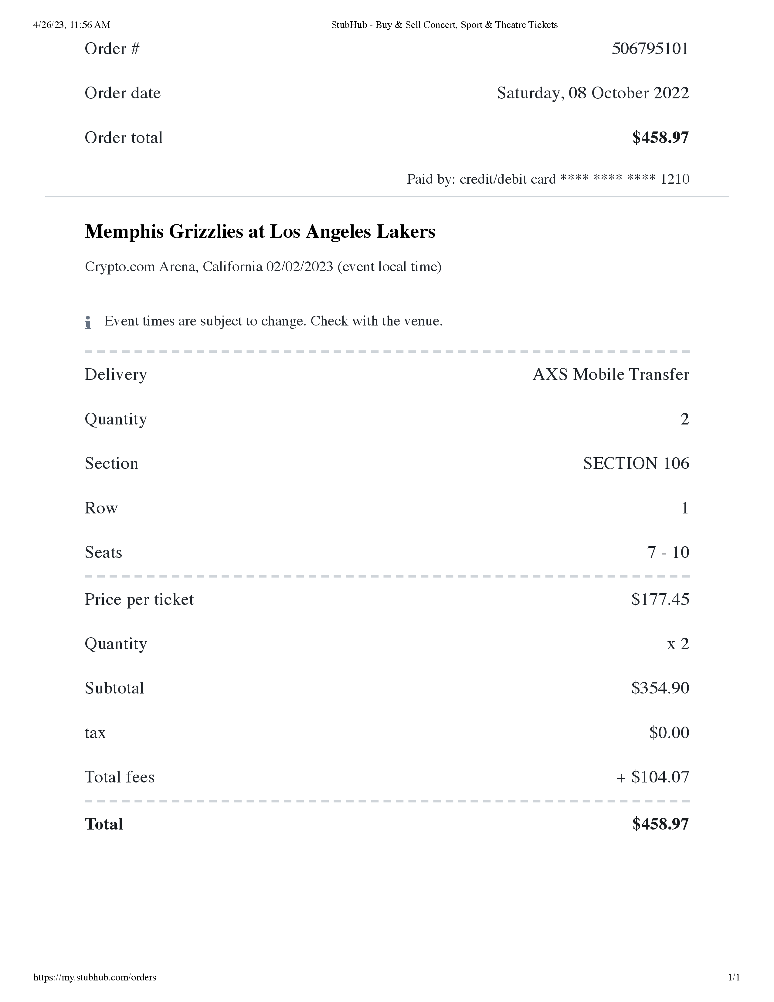 Stubhub receipt template