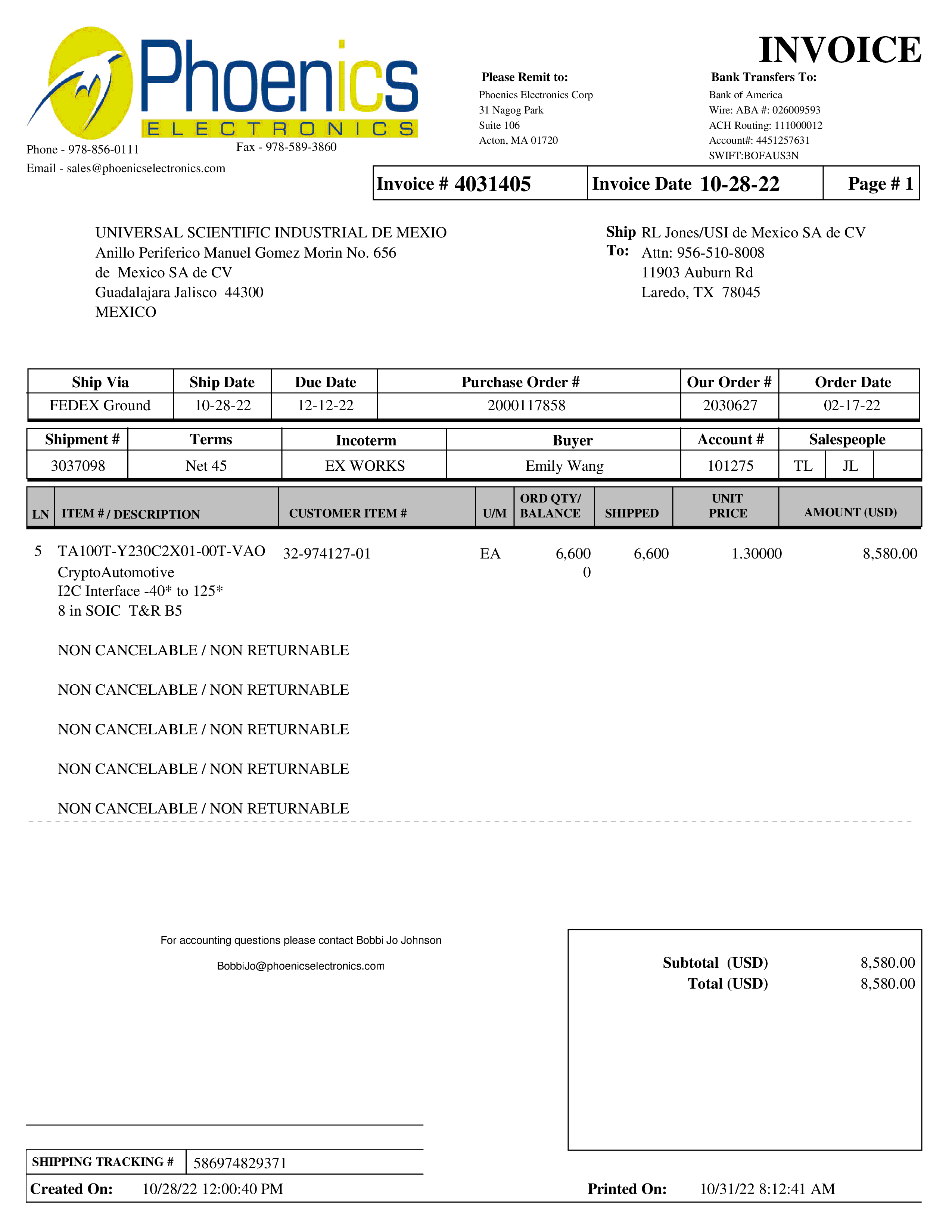 Electronic Parts Invoice Template