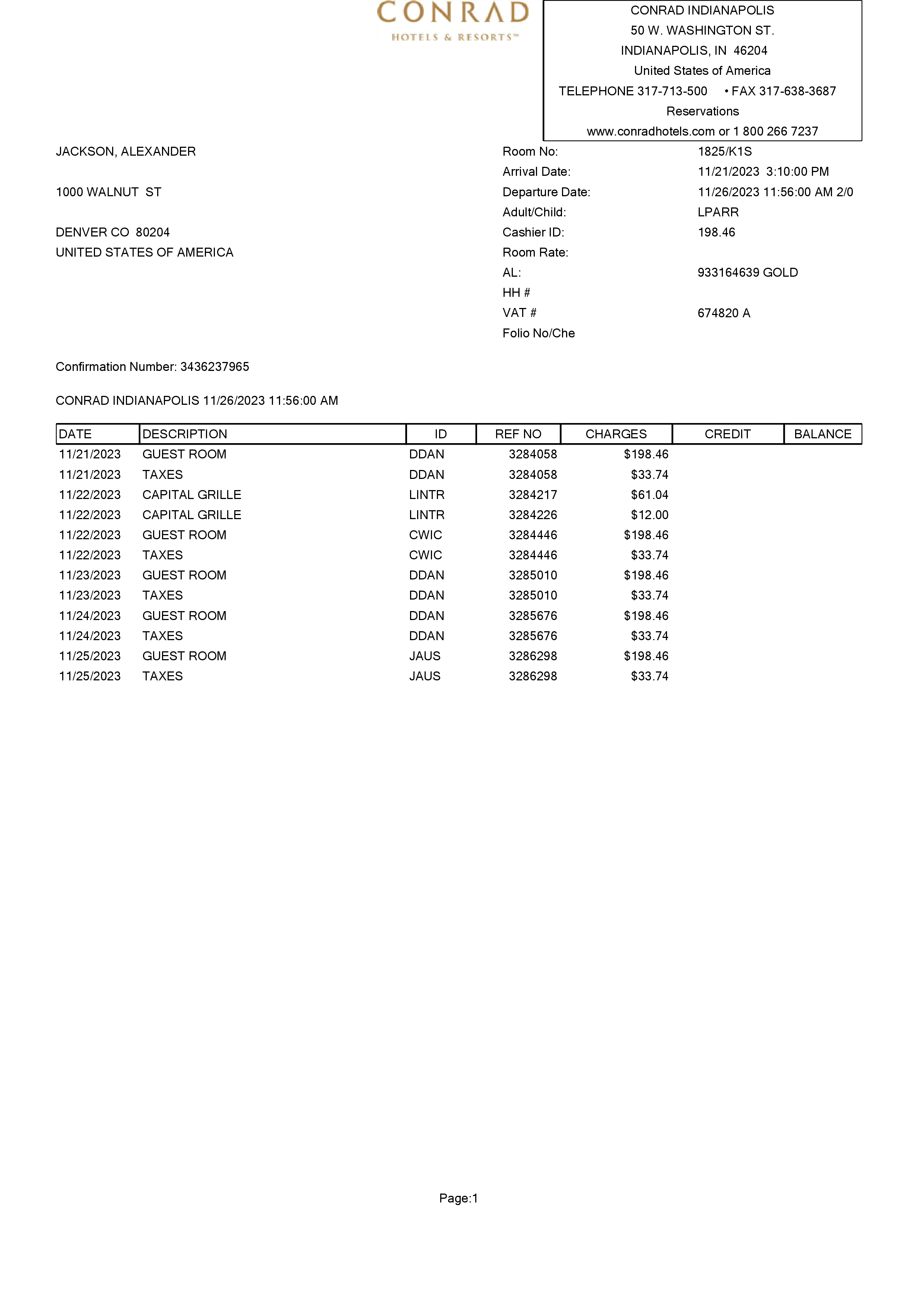 Conrad Hotel receipt template