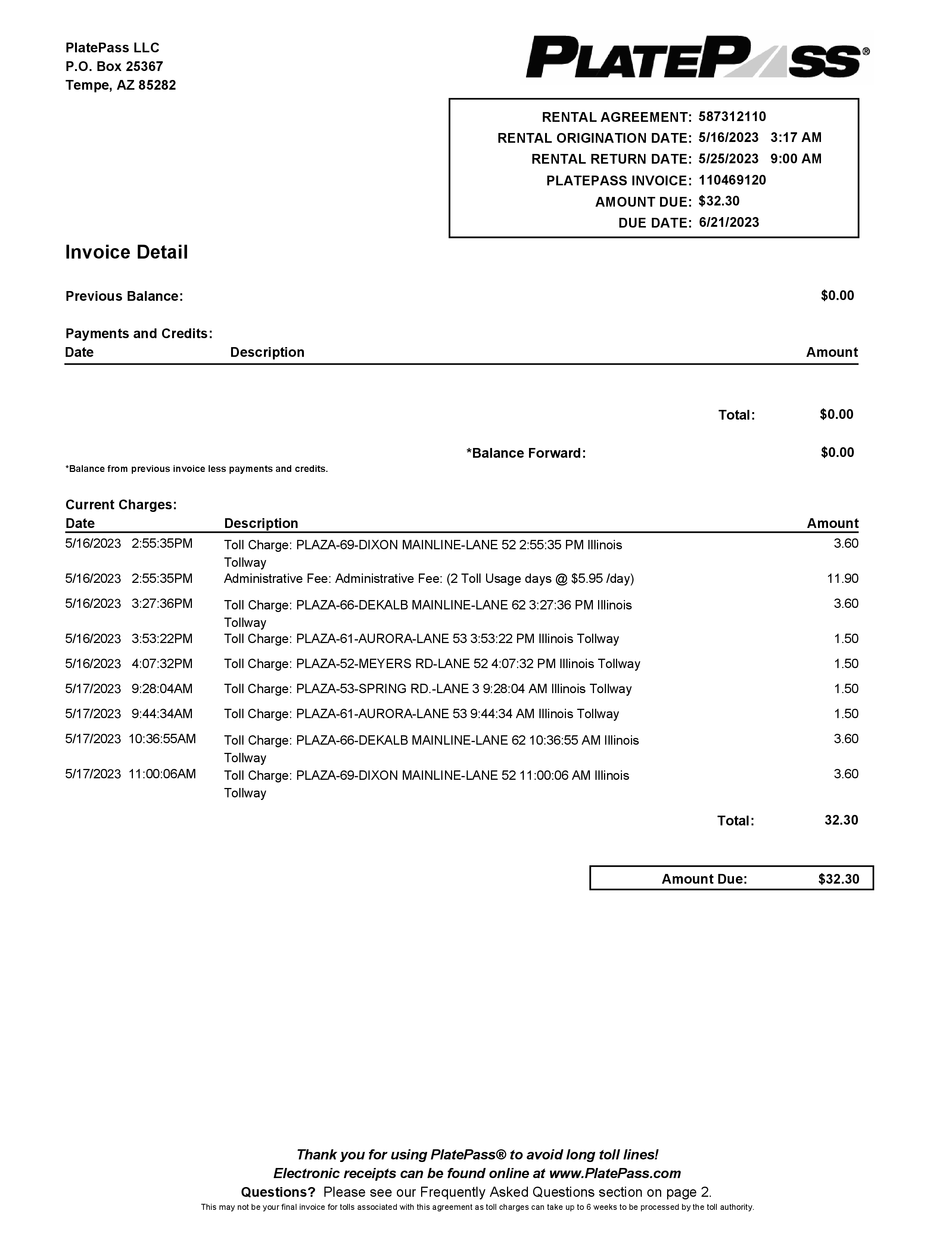 Platepass Toll invoice template