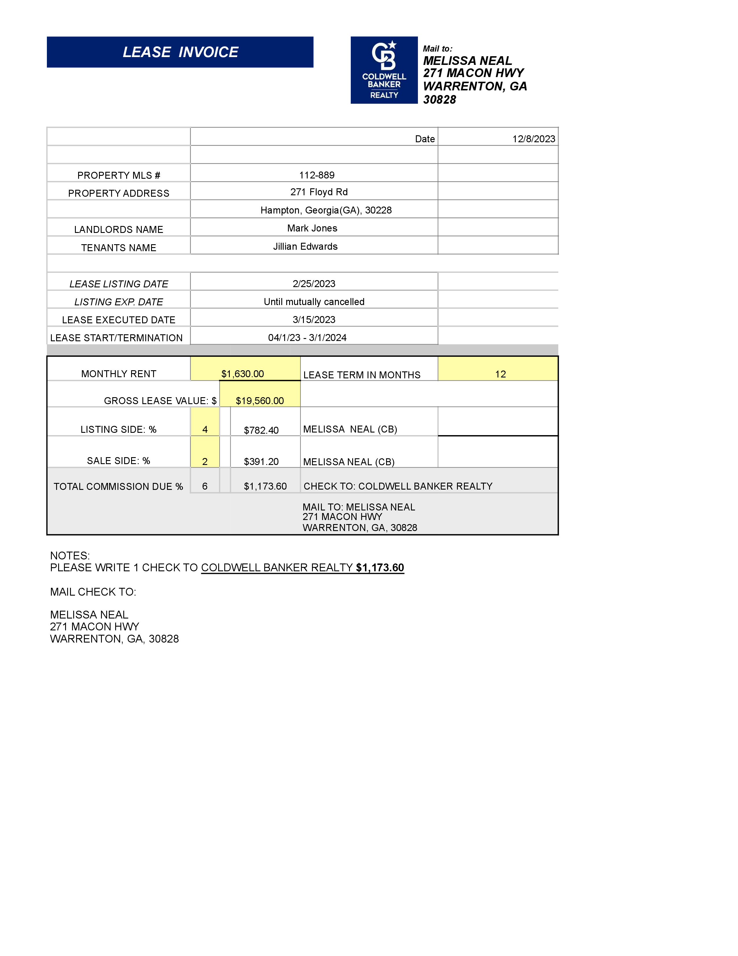 Lease Invoice Template