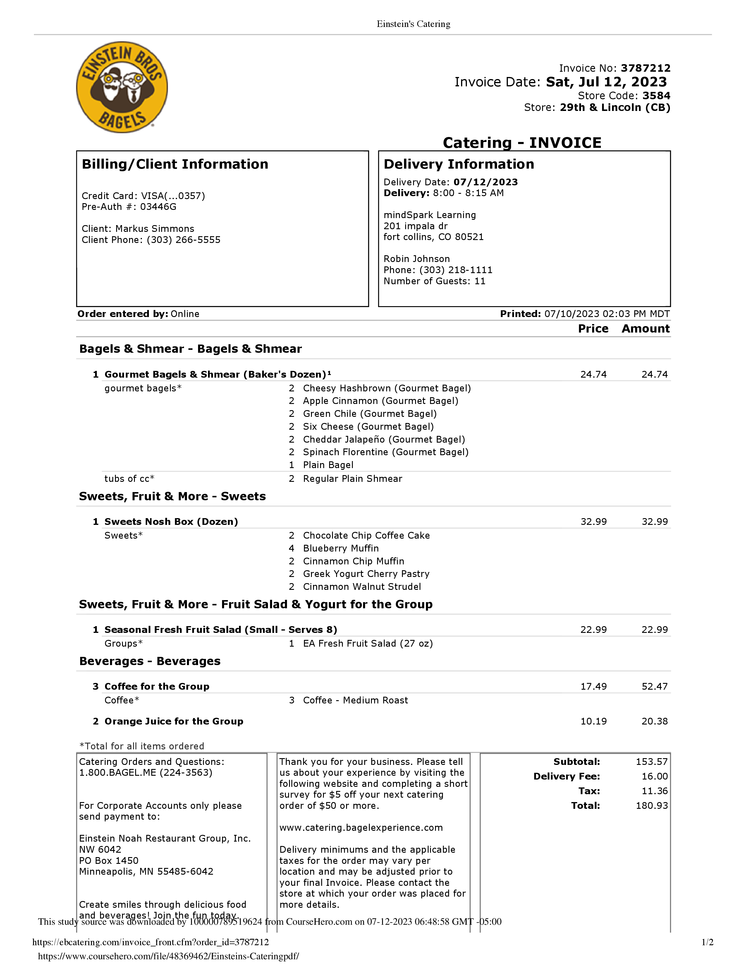 Einstein Bagels Catering receipt template