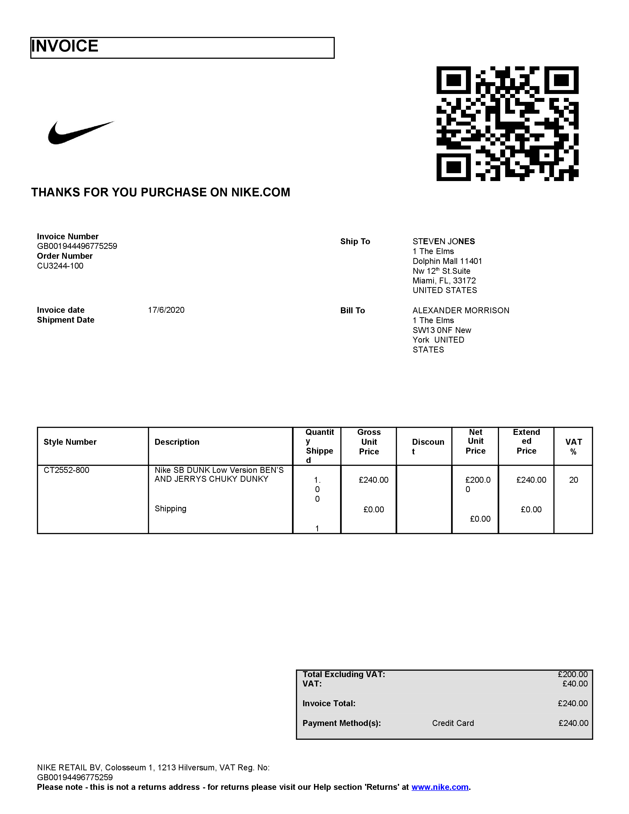 Nike shipping invoice template