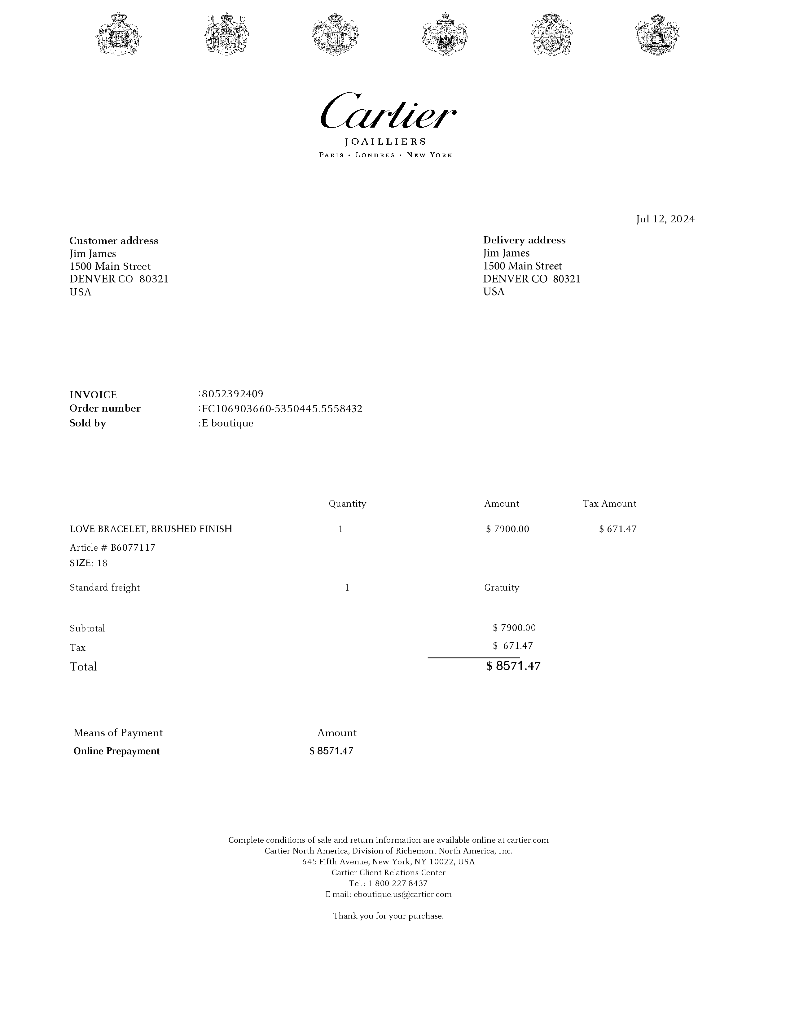 Cartier receipt template