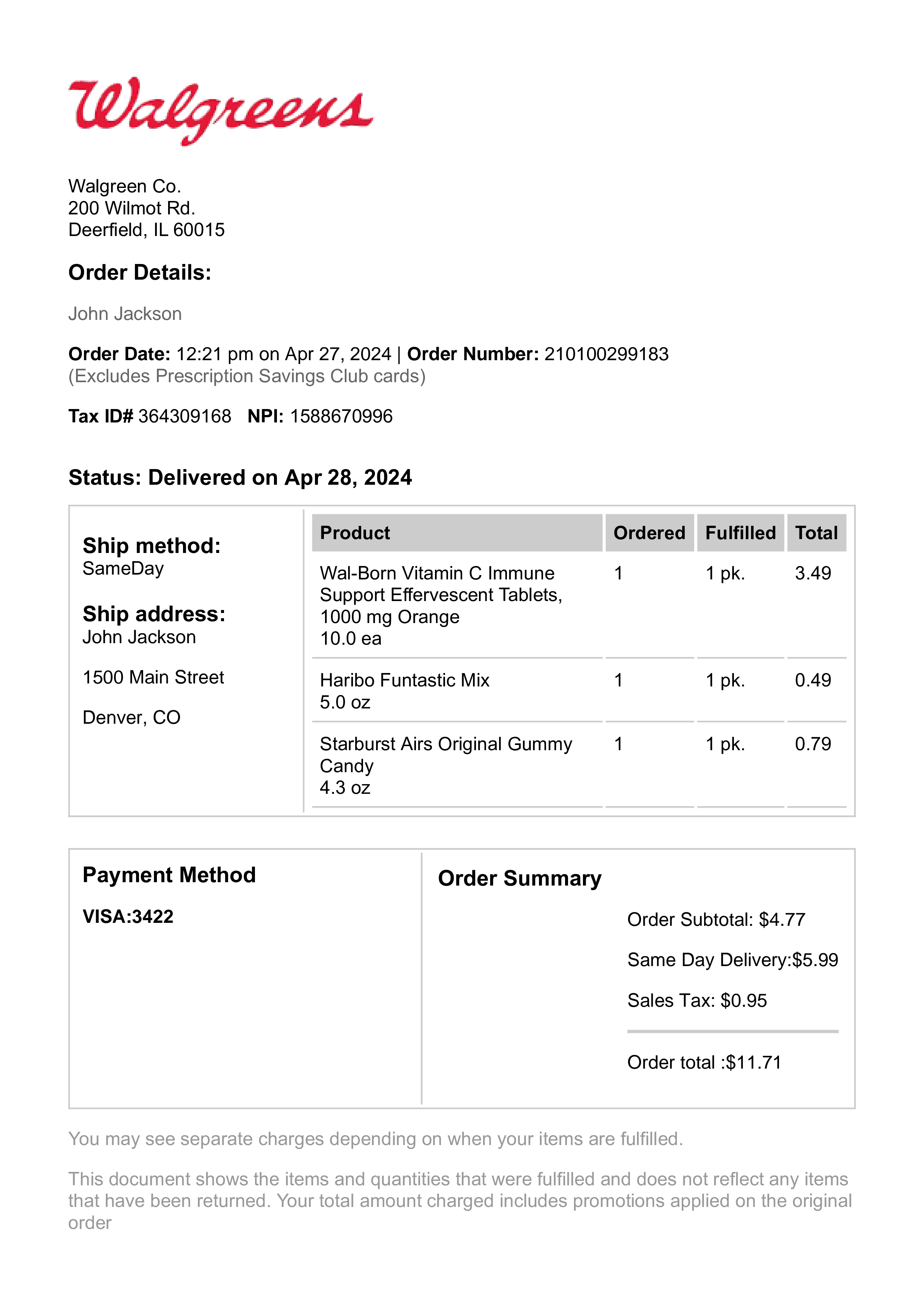 Walgreens receipt template