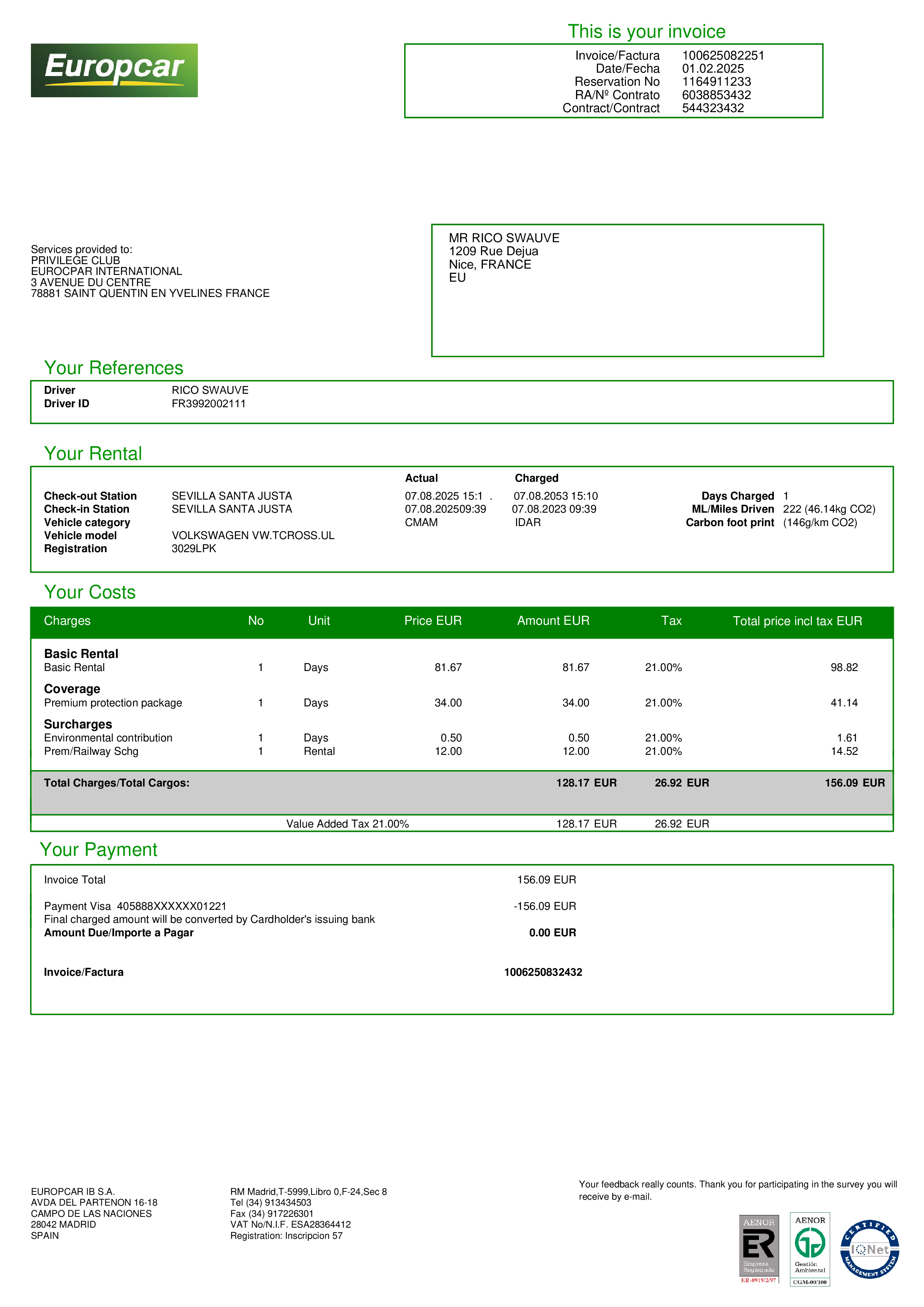 Europcar Invoice for Car Rental Services