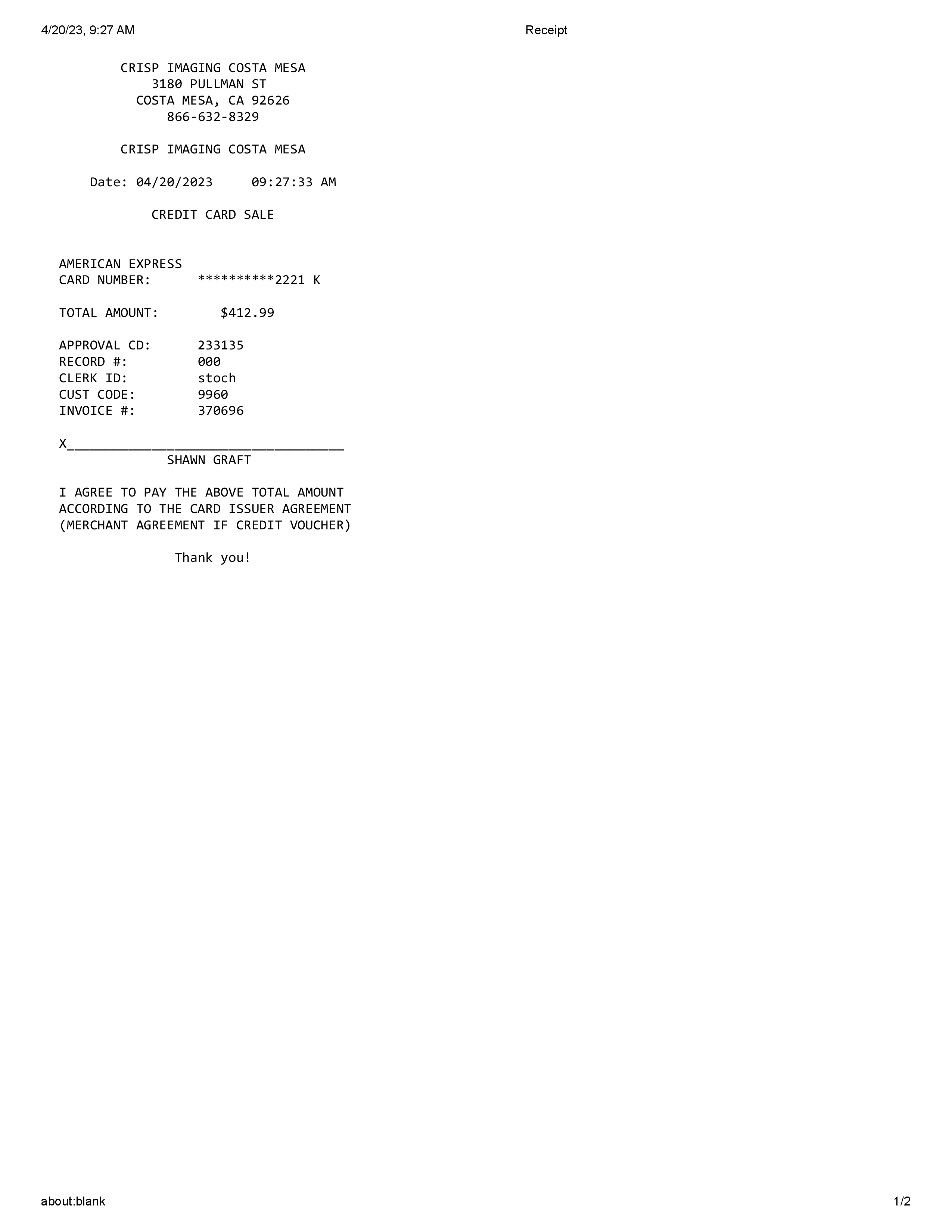 Credit card receipt template